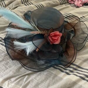 Elegant Blue and Brown Hat with Pink Rose